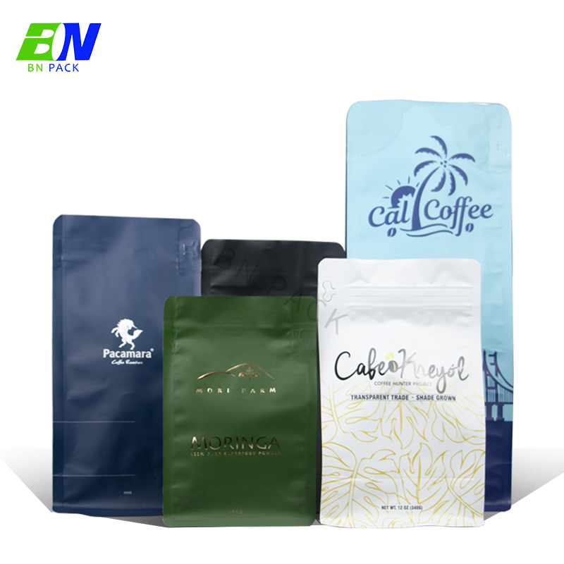 Bio Pla Sacchetti di caffè biodegradabili con valvola e cerniera Sacchetti di imballaggio per caffè in carta personalizzati Sacco di chicchi di caffè a fondo piatto 