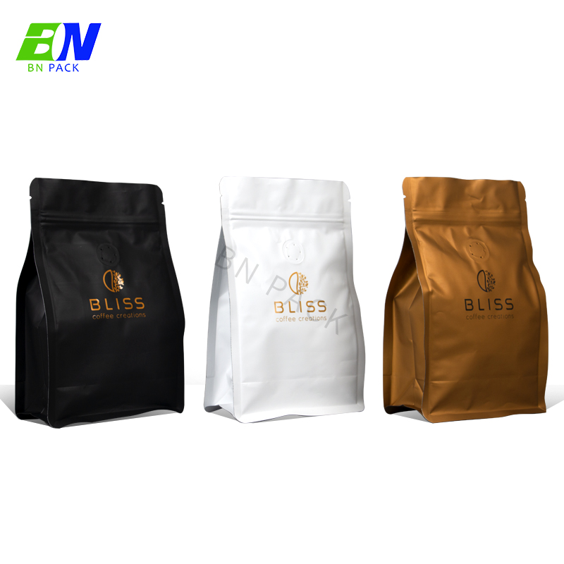 Bio Pla Sacchetti di caffè biodegradabili con valvola e cerniera Sacchetti di imballaggio per caffè in carta personalizzati Sacco di chicchi di caffè a fondo piatto 